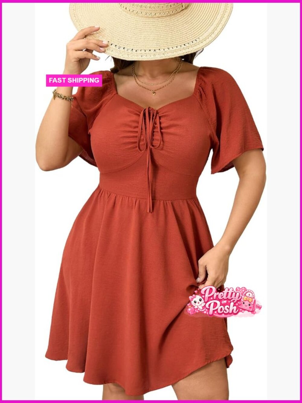 Plus Size Puff Sleeve Sweetheart Neck Mini Dress